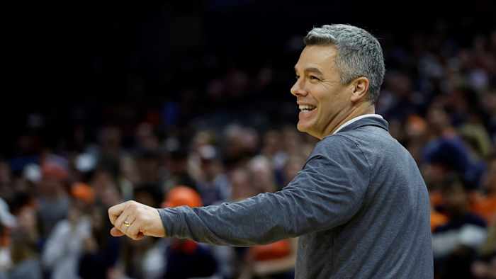 Virginia Cavaliers head coach Tony Bennett gestures from the bench against the North Carolina State Wolfpack in the second half at John Paul Jones Arena.